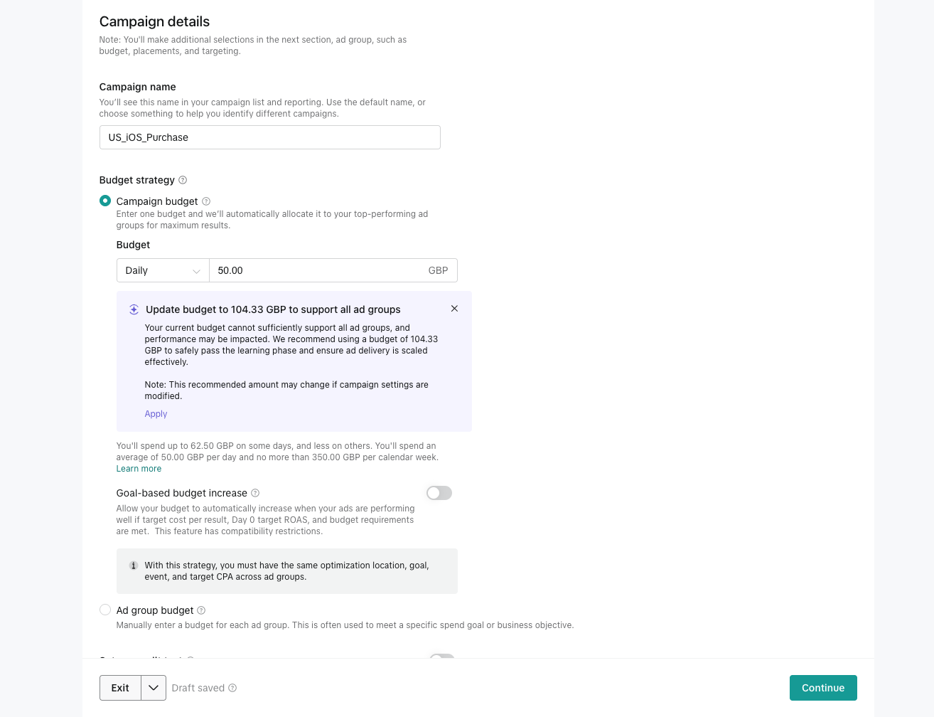 TikTok campaign details screen with campaign name US_iOS_Purchase and a daily campaign budget