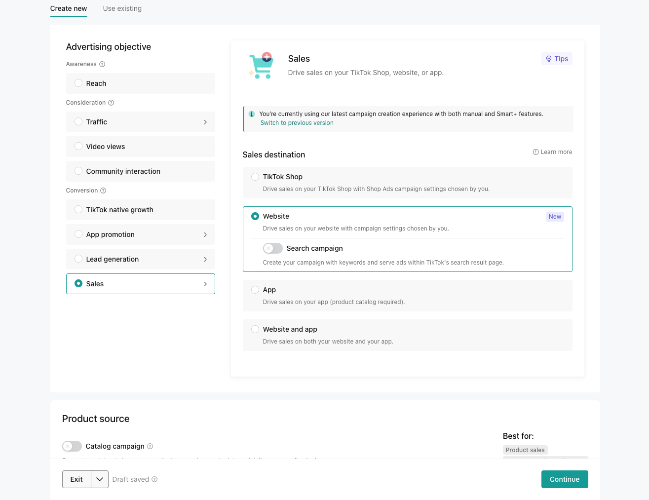 TikTok Ads Manager campaign creation with the Sales objective selected and Website chosen as the sales destination