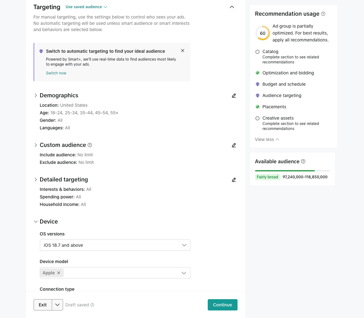 TikTok manual targeting with United States location and device targeting restricted to Apple devices on a minimum iOS version