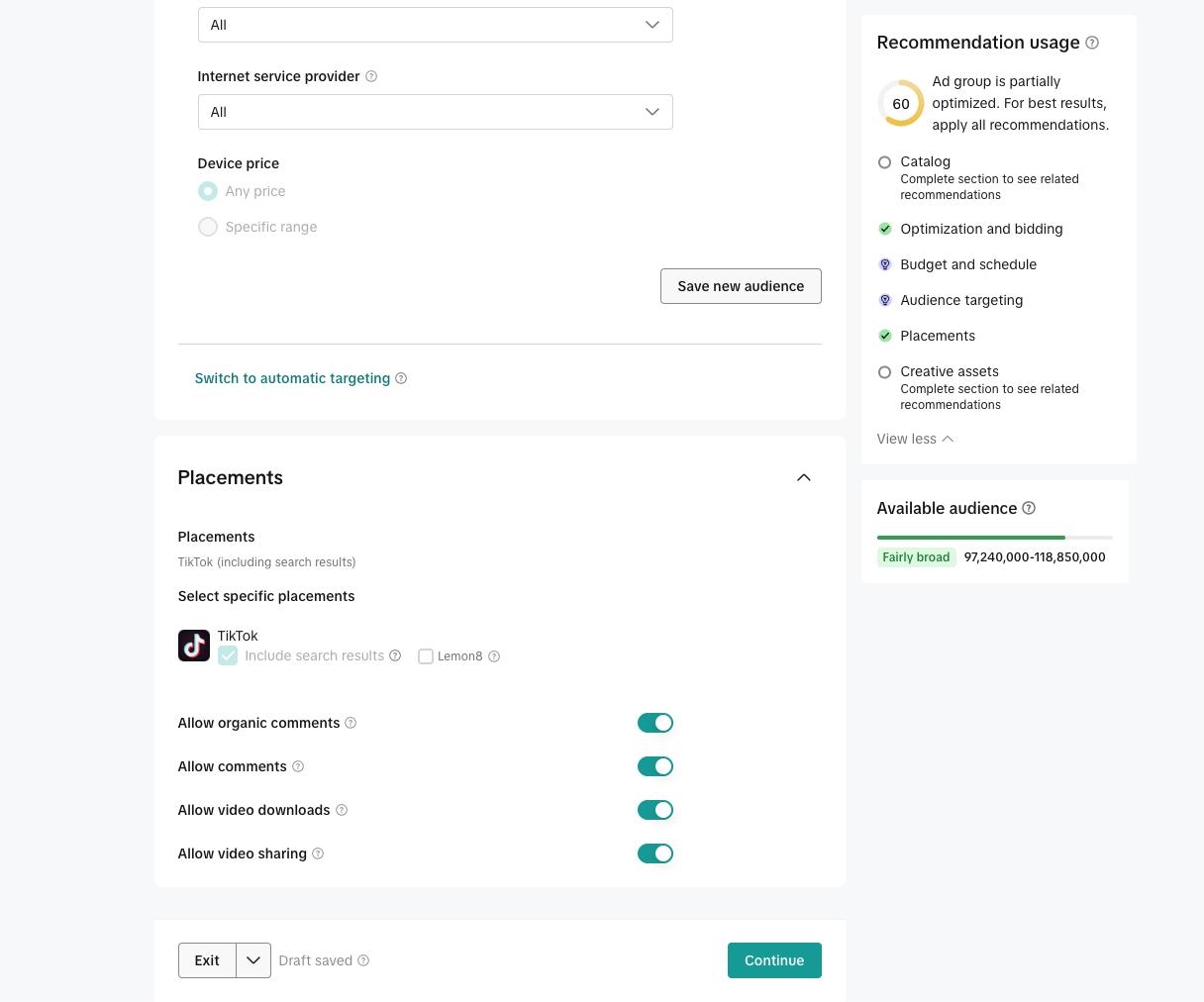 TikTok placements section with only the TikTok placement selected and Lemon8 unchecked