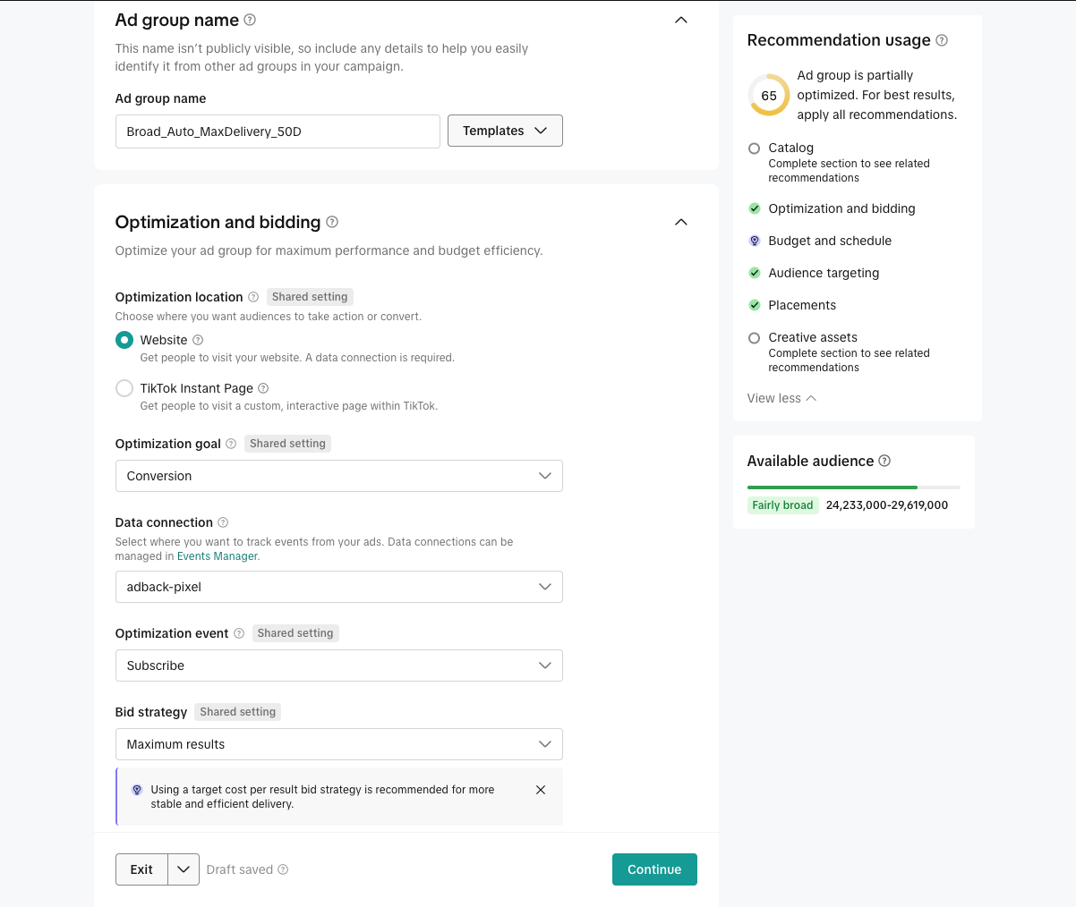 TikTok ad group optimization settings with Website location, Conversion goal, the adback-pixel data connection, and Subscribe as the optimization event