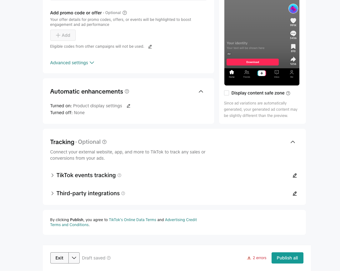 TikTok ad review screen showing the Automatic enhancements panel, the optional Tracking section, and the Publish all button