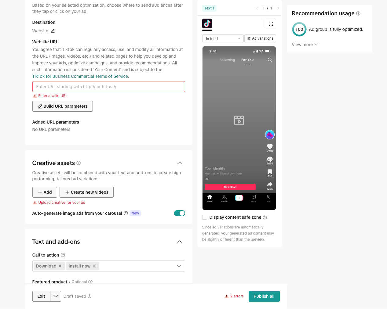 TikTok ad setup with the website URL field for the Adback link and Download and Install now calls to action